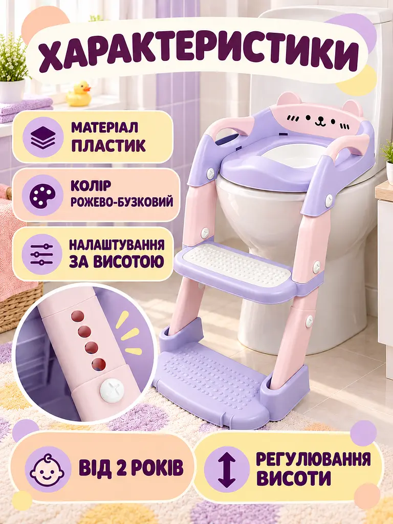 Дитяче сидіння-накладка на унітаз зі сходинкою та ручками складане Рожево-бузкове (37261568) - фото 5