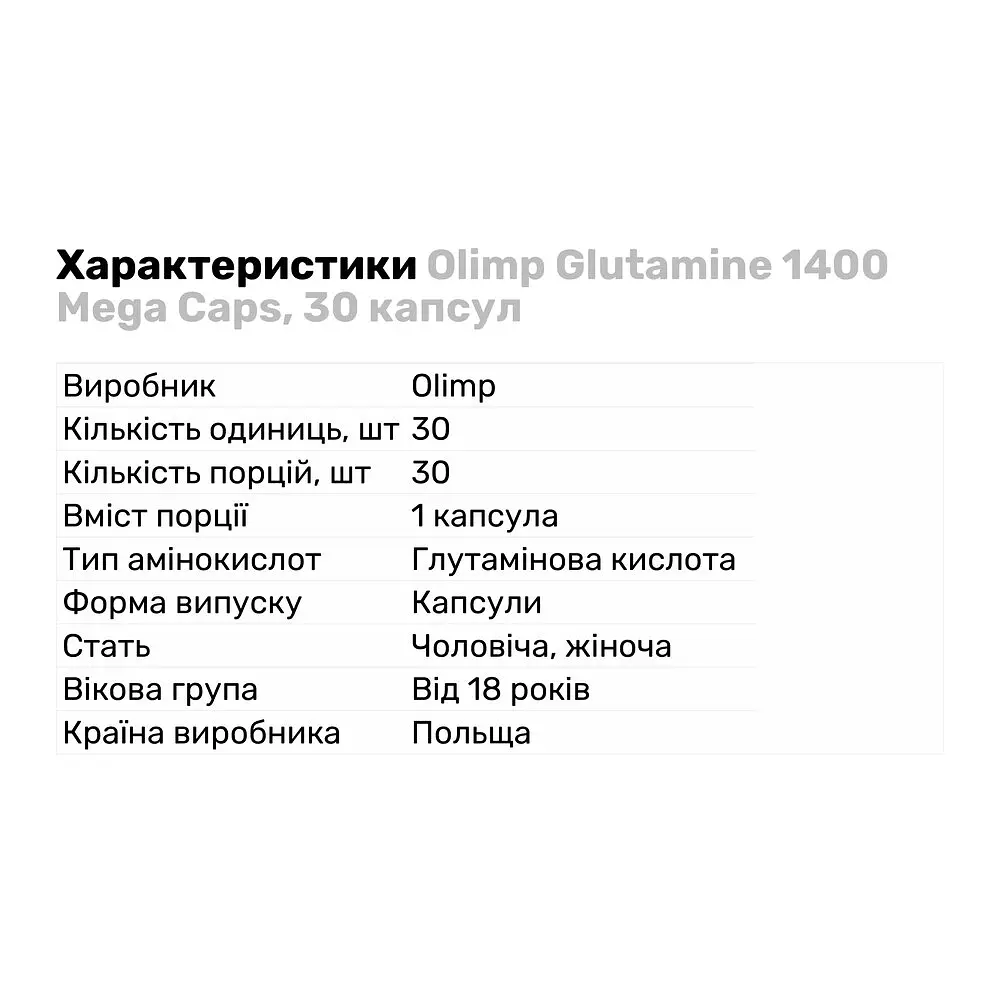 Амінокислота Olimp Glutamine 1400 Mega Caps 30 капсул - фото 2
