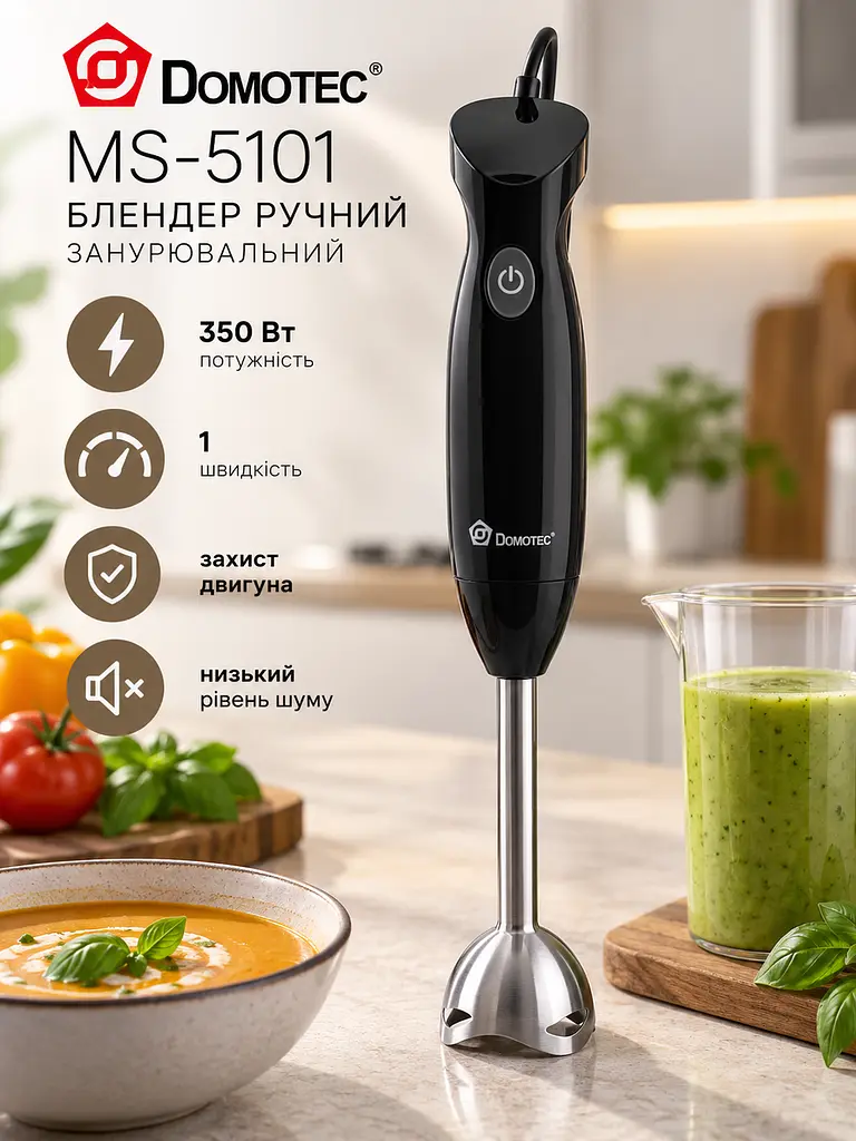Блендер ручний занурювальний з металевою ніжкою Domotec MS 5101 подрібнювач для фруктів овочів м'яса соусів та дитячого харчування потужністю 350 Вт Чорний - фото 3