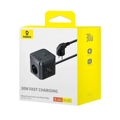 Сітчасте зарядне пристрій Baseus PowerCombo Cube Power Strip 3AC+2U+2C 30W 1.5m EU чорний E00066400117-00 - фото 2