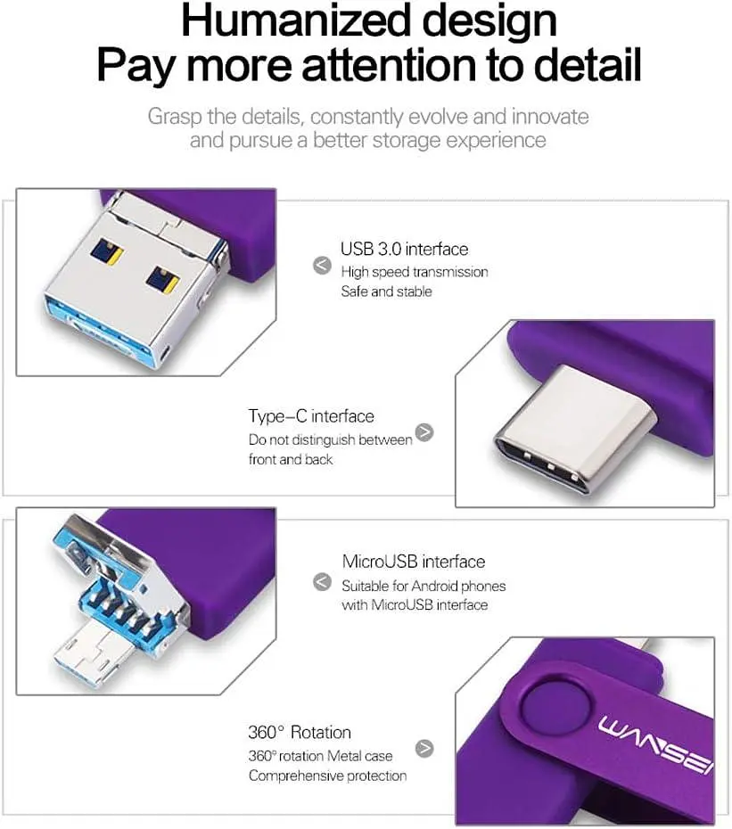USB-флеш-накопичувач Wansenda 3 в 1, 128 ГБ, флеш-накопичувач типу C + Micro USB + USB 3.0, картка пам'яті Photo Memory Stick - фото 4
