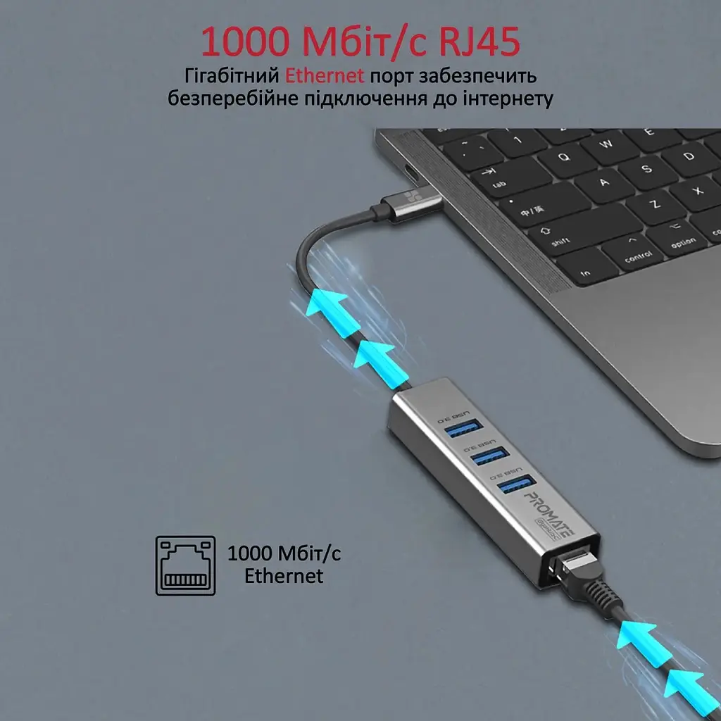Концентратор Promate USB Hub 4 ports gigahub-c.grey (gigahub-c.grey) - фото 3