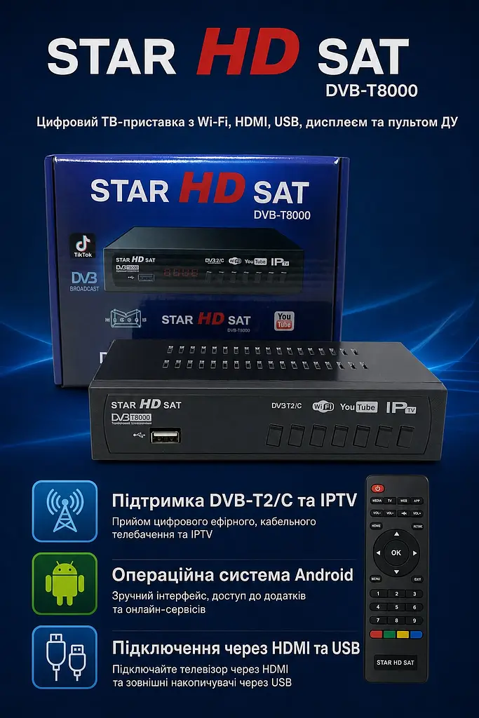 Цифрова ТВ-приставка Т2-тюнер DVB-T2/C IPTV з Wi-Fi, HDMI, USB, дисплеєм та пультом ДК, чорна