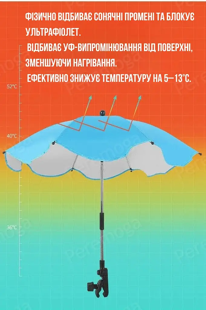 Універсальна сонцезахисна парасоля для коляски з кріпленням, діагональ - 65см, чорного кольору KT8003110 - фото 7