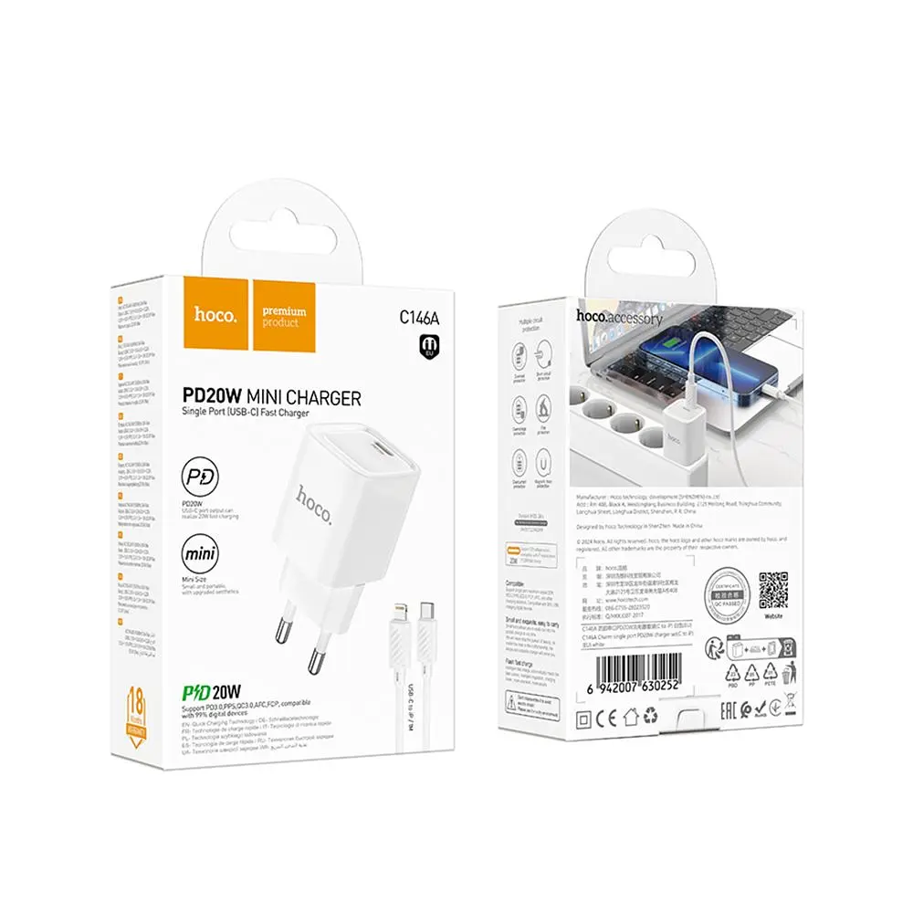 Зарядний комплект Hoco C146A Mini Charger 1USB-C PD/QC 20W 5V/3A Type-C to Lightning 1 м White (35278_3345664) - фото 2