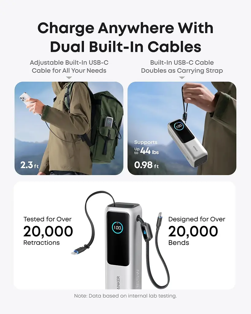 Портативний зарядний пристрій Anker 25000 mAh 165W PD Built-In Double USB-C Cables Silver (7160683) - фото 5