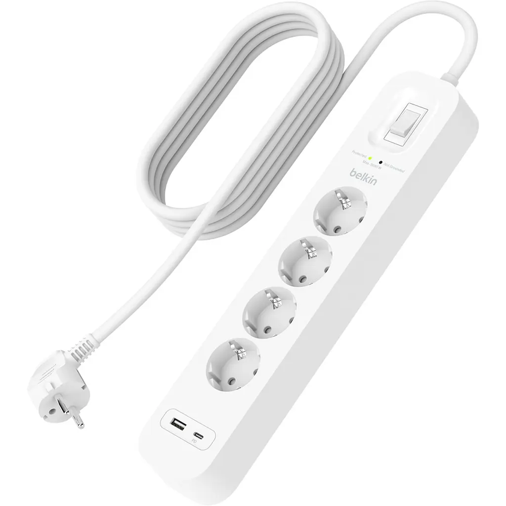 Мережевий фільтр-подовжувач Belkin Surge Protections SRB001VF2M-V2 White, 2 м, 4хТип F, 3x1.5мм кв, 16 А, USB-A/USB-C 18 Вт