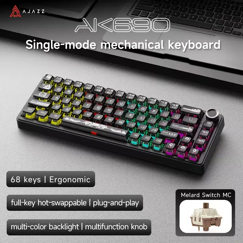 Ігрова механічна дротова клавіатура Ajazz Ak690 / 68 клавіш / Hot-Swap / RGB / Melard Switch MC / Black - фото 1