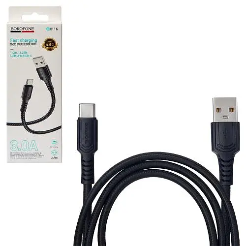 Кабель BOROFONE BX116BK, USB - Type-C 3А, 1m, Black (швидка зарядка/передача даних)