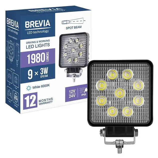 LED фара Brevia Flood Ближнє світло 10-30V 27W (9x3W) 1980Lm Алюмінієвий корпус IP68 (10642QSX1) - фото 7