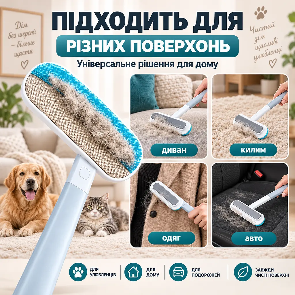 Щітка 4 в 1 для видалення шерсті тварин, чищення меблів, килимів, одягу та вікон з довгою ручкою 45 см-KT9004201 - фото 4