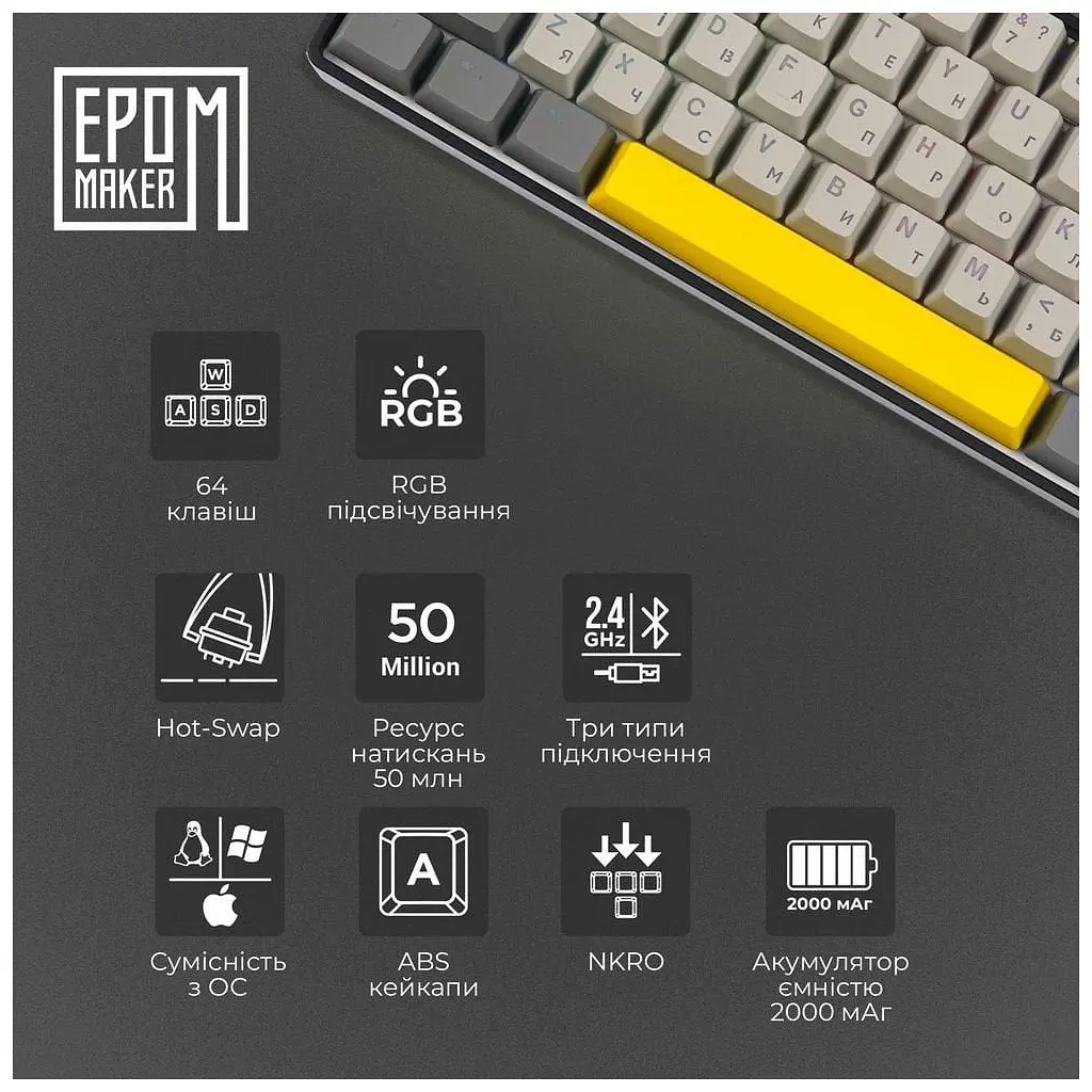 Клавіатура Epomaker EP64 60 Mulan Switch Hot-Swap RGB Wireless/Bluetooth/USB UA Black (EP64-B-M) - фото 2