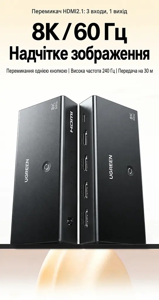 HDMI-перемикач UGREEN CM624 HDMI 2.1 3 входи 1 вихід 8K 60 Гц 4K 240 Гц 2K 240 Гц 1080p 240 Гц (95047) - фото 12