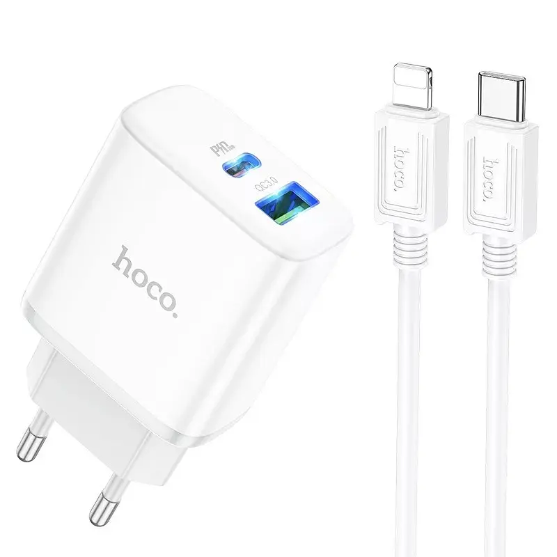 Мережевий адаптер живлення Hoco C105A 20W Type-C та USB зі швидкою зарядкою та кабелем Type-C to Type-C білий - фото 2