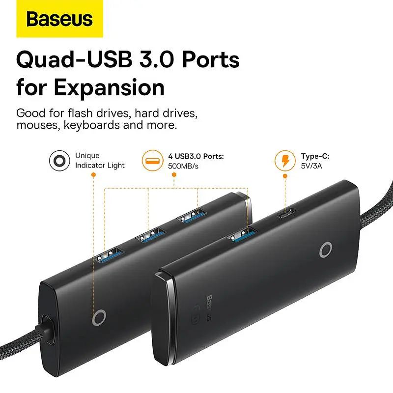 USB-Хаб Baseus Lite Series 4-Port Type-C HUB Adapter (Type-C to USB 3.0*4) 25cm Black (WKQX030301) - фото 9