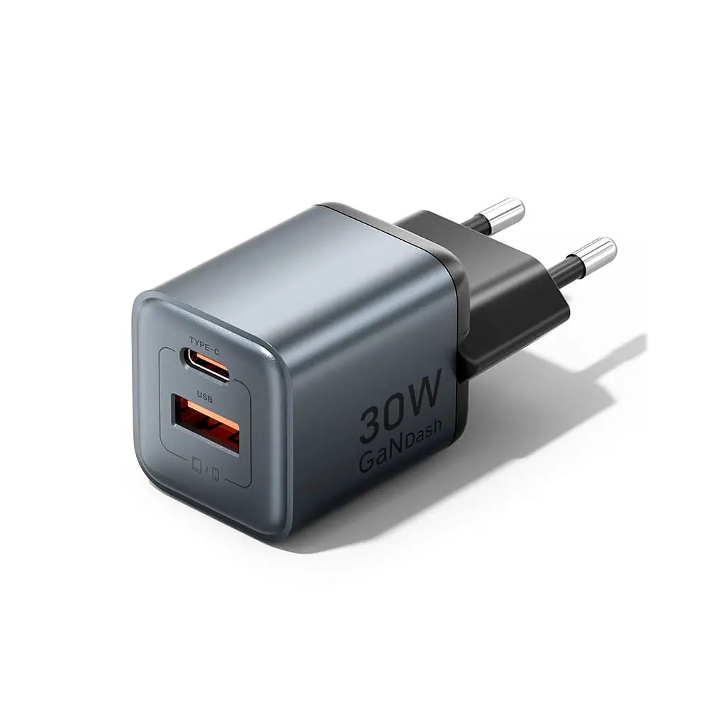 Зарядний пристрій Vention 1xUSB-C PD 30 Вт + 1xUSB QC 3.0 18 Вт GaN сірий (FEWH0-EU)