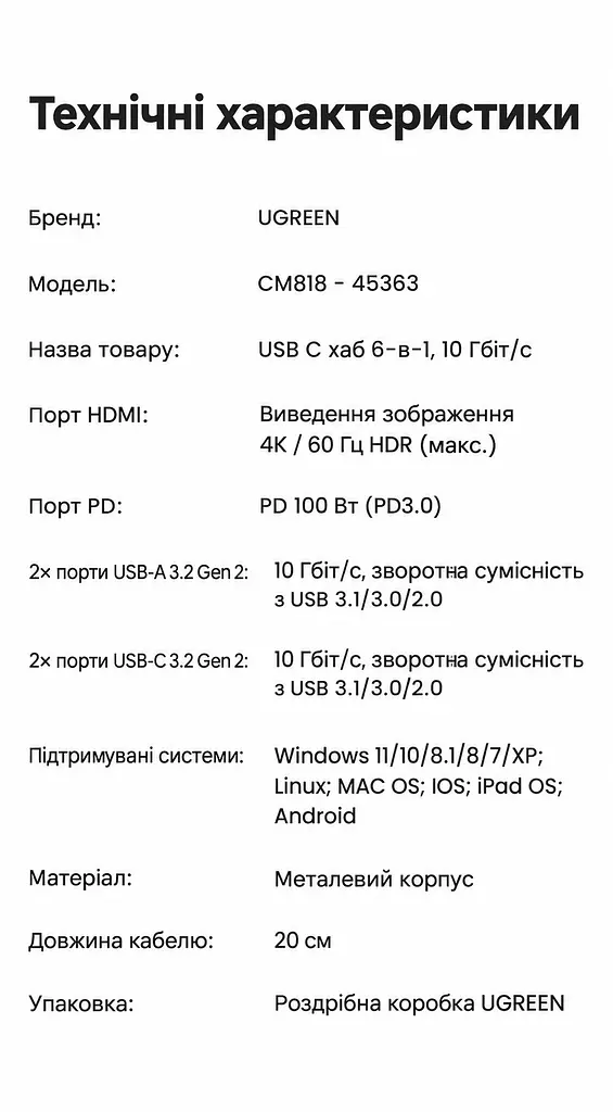 USB-C хаб UGREEN Revodok Pro CM818 6 в 1 HDMI до 4K 60 Гц 2 USB-A та 2 USB-C для даних USB 3.2 Gen 2 до 10 Гбіт/с вхід USB-C PD 3.0 до 100 Вт наскрізне заряджання ноутбука до 85 Вт HDMI потребує USB-C з відеовиходом заряджання потребує приймання живлення USB-C для 85 Вт потрібні зарядний пристрій PD 100 Вт і кабель Windows macOS Linux без драйверів Steam Deck ROG Ally індикатор алюмінієвий корпус вбудований кабель 20 см космічний сірий (45363) - фото 4
