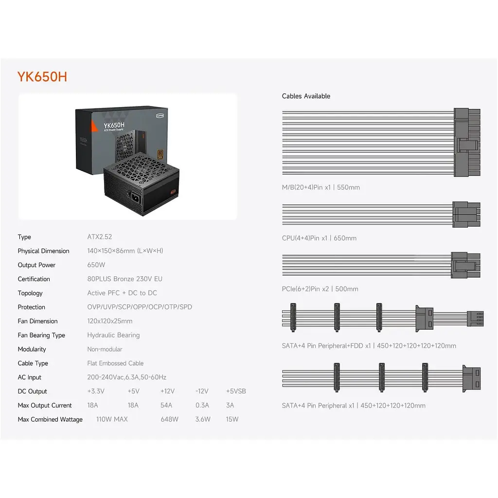 Блок живлення PcCooler YK650H 650W 80+Bronze 80+ Bronze (P3-YK650H-B1HWBK1-EU) - фото 7
