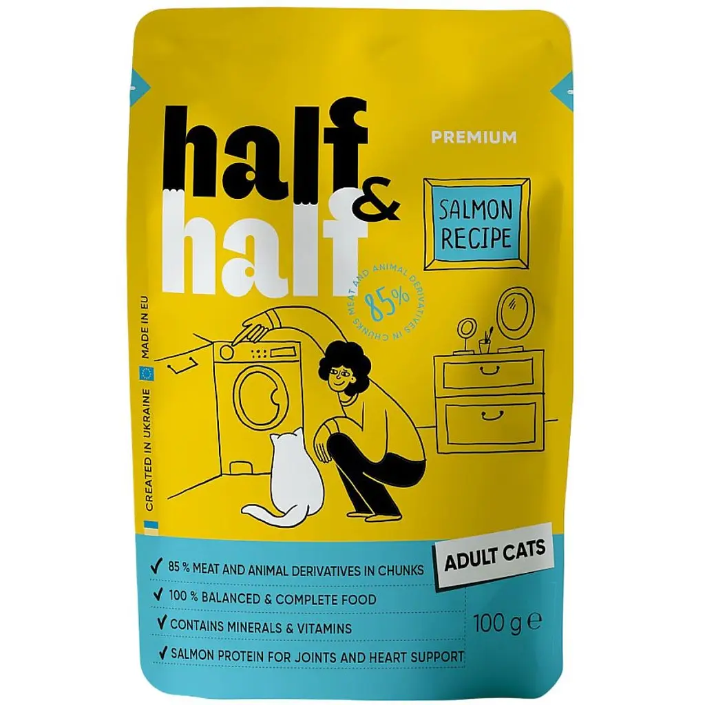 Корм вологий Half&Half для дорослих котів шматочки з лососем у желе у формі пауча 100 г