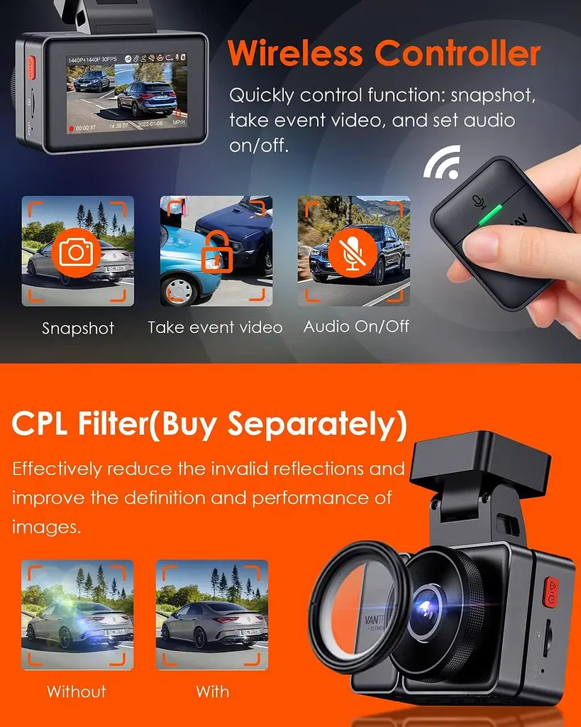 VANTRUE E2 Dash Cam Передняя и задняя камера с голосовым управлением, двойная 2.7K видеорегистратор, Wi-Fi, GPS - фото 7