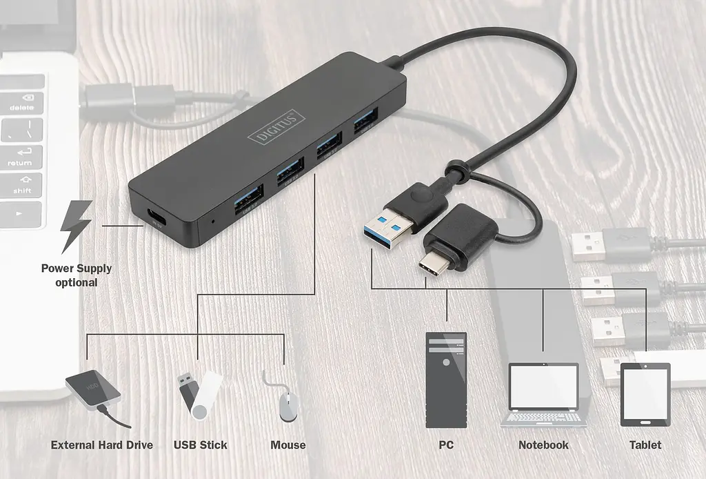 Розгалужувач USB-хаб USB-A/C 3.0 DIGITUS USB - 4 USB 0.2m - фото 3