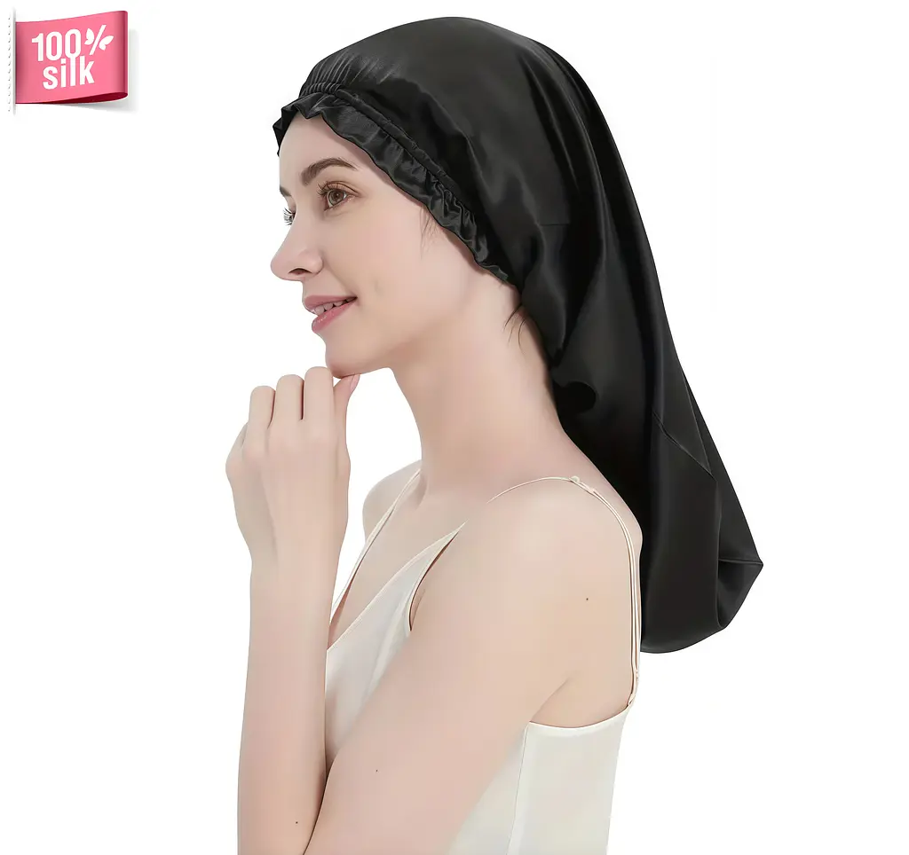 Шовкова шапочка для сну MaryuPHair на резинці з 100% натурального шовку для захисту волосся (чорний)