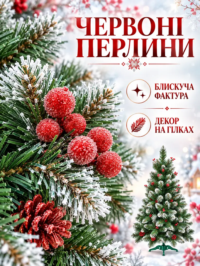 Ялинка штучна YaLINKA КК15 Адель 150 см, із шишками, червоними перлами та засніженими кінчиками, зелена (49676505) - фото 5