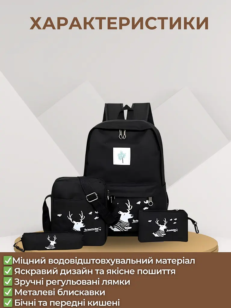 Набір сумок 4в1 рюкзак, сумка, косметичка, пенал чорний - фото 5