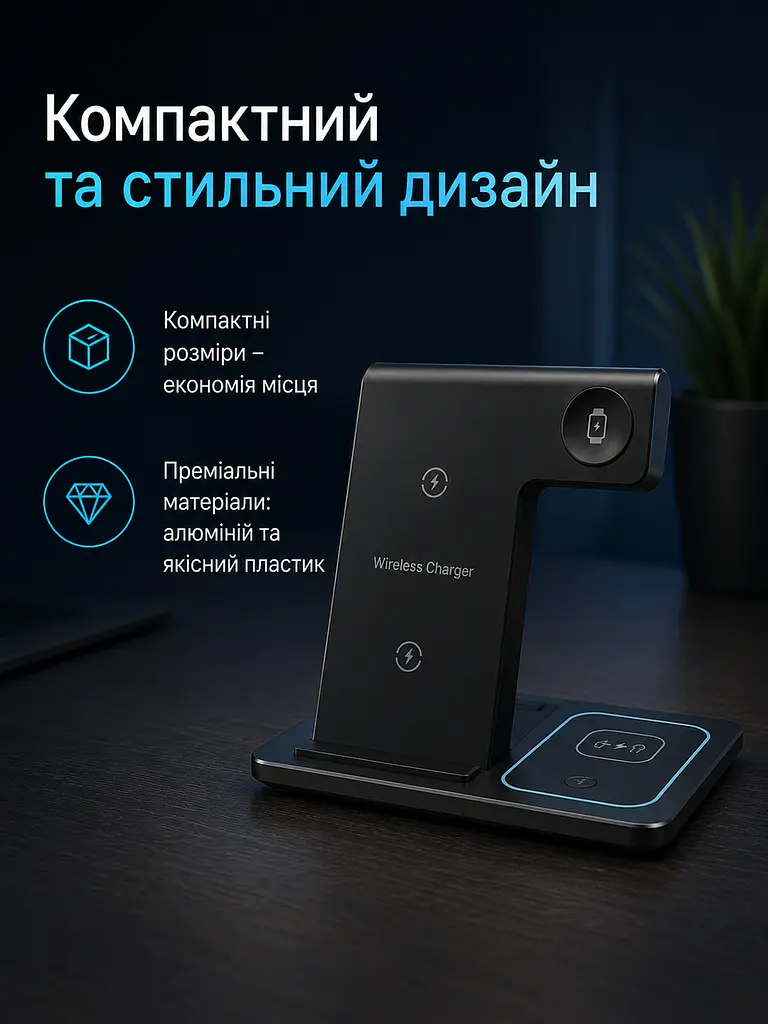 Бездротова зарядна станція 3 в 1 15 W для iPhone, Apple Watch і AirPods чорна (49675896) - фото 6