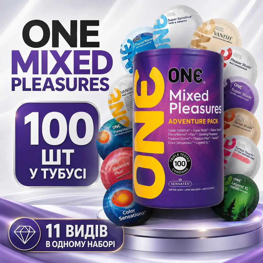 Презервативи ONE Mixed Pleasures 100 ШТУК, мікс презервативів різних видів, ультратонкі, ребристі, ароматизовані, XL - фото 5