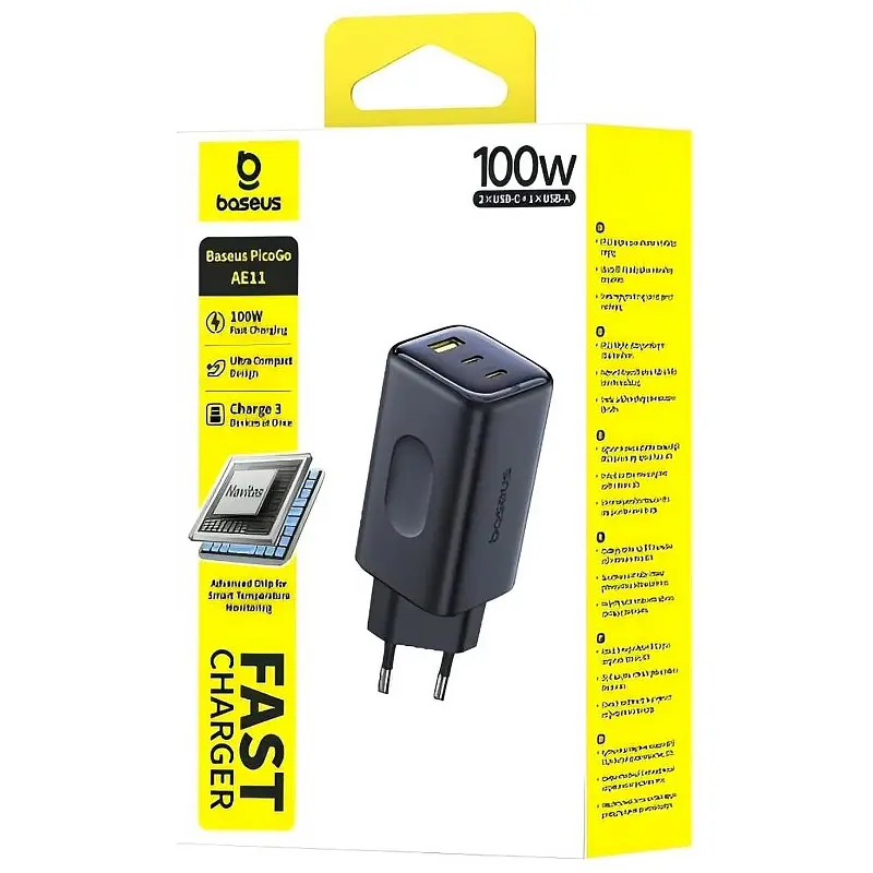 МЗП Baseus PicoGo AE11 Fast Charger 100W (1USB-A/2C) (E01214) Cosmic Black - фото 2