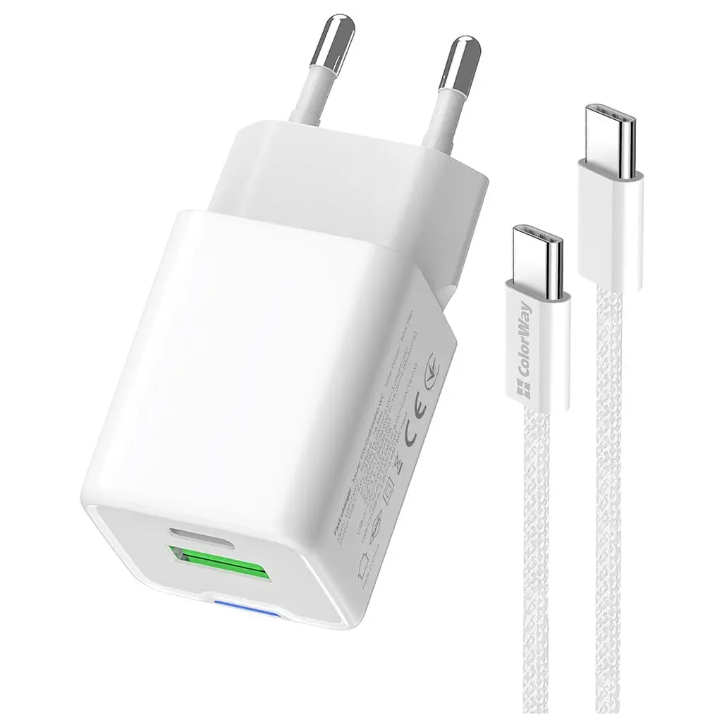 Зарядний пристрій ColorWay C101A GaN Mini 20 Вт PD PPS USB-C + USB-A QC 4.0 + кабель USB-C — USB-C чорний (CW-CHS062PDC-WT) - фото 5