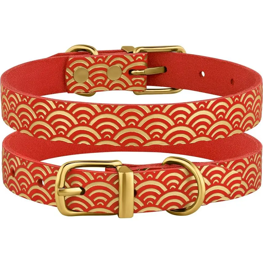 Ошейник для собак BronzeDog Barksi Classic Море кожаный одинарный с золотым тиснением M 28-36х1.7 см красный - фото 3