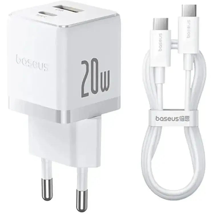 МЗП Baseus Palm Fast Charger 20W (1USB-A/1C) + кабель Type-C to Type-C (P10111608) Moon White