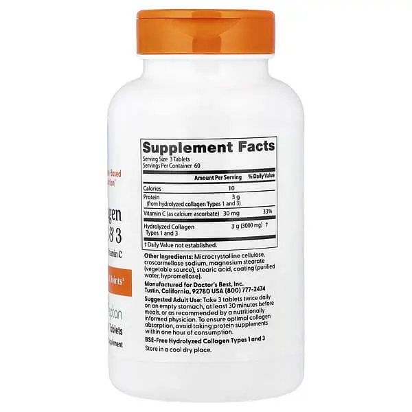 Колаген Collagen Types 1 and 3 with Vitamin C 1,000 mg 180 Tablets Doctor's Best vit0005671 - фото 2