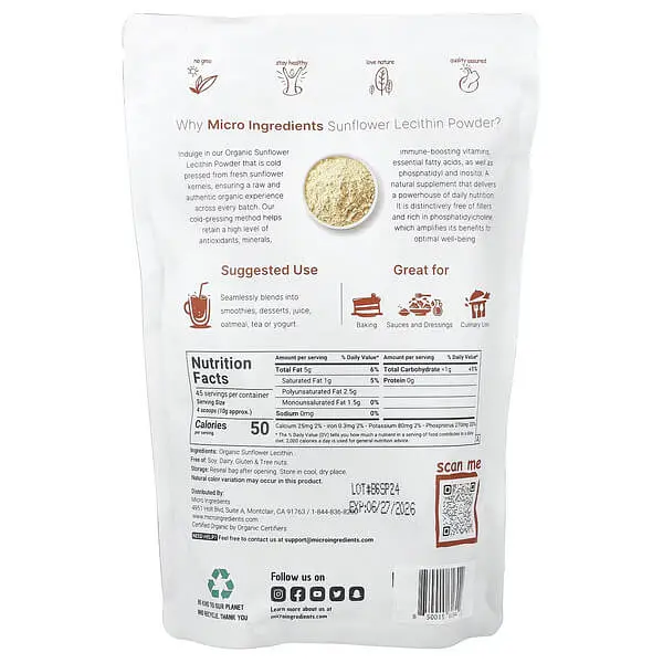 Лецитин Organic Sunflower Lecithin Powder 454 грам Micro Ingredients vit0005552 - фото 2