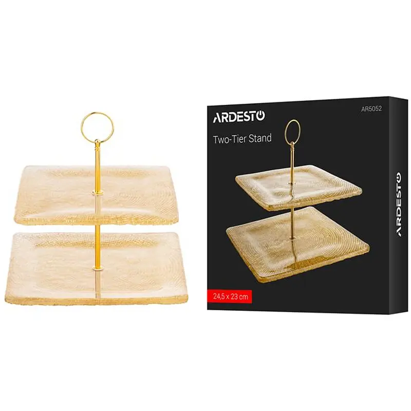 Блюдо 2-х ярусне Ardesto Golden ice 24.5х23см, скло, матал, квадратна, золотистий (AR5052)