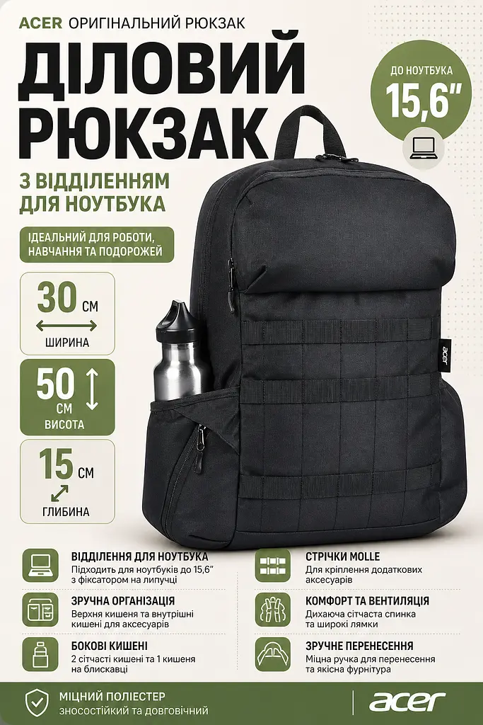 Рюкзак Acer Діловий Для ноутбука 15,6" Поліестер Чорний - фото 3