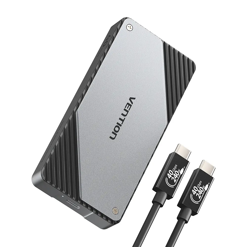 Зовнішній корпус M.2 NVMe SSD Vention USB-C USB 4.0 до 40 Гбіт/с SSD до 8 ТБ формати 2230/2242/2260/2280 ключі B&M Key та M Key вентилятор з авторегулюванням швидкості Thunderbolt 3/4 Windows Linux Mac OS Android iOS монтаж без інструментів UASP TRIM SMART сон через 5 хв алюмінієвий сплав кабель USB 4.0 USB-C ↔ USB-C 0,3 м і силіконова термопрокладка в комплекті сріблясто-сірий із темно-сірими акцентами (KPZH0)