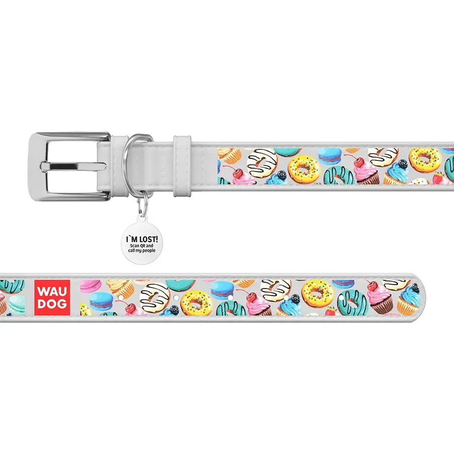 Нашийник для собак Waudog Design Пончики, шкіряний, з QR паспортом, 21-29х1,2 см, білий - фото 3