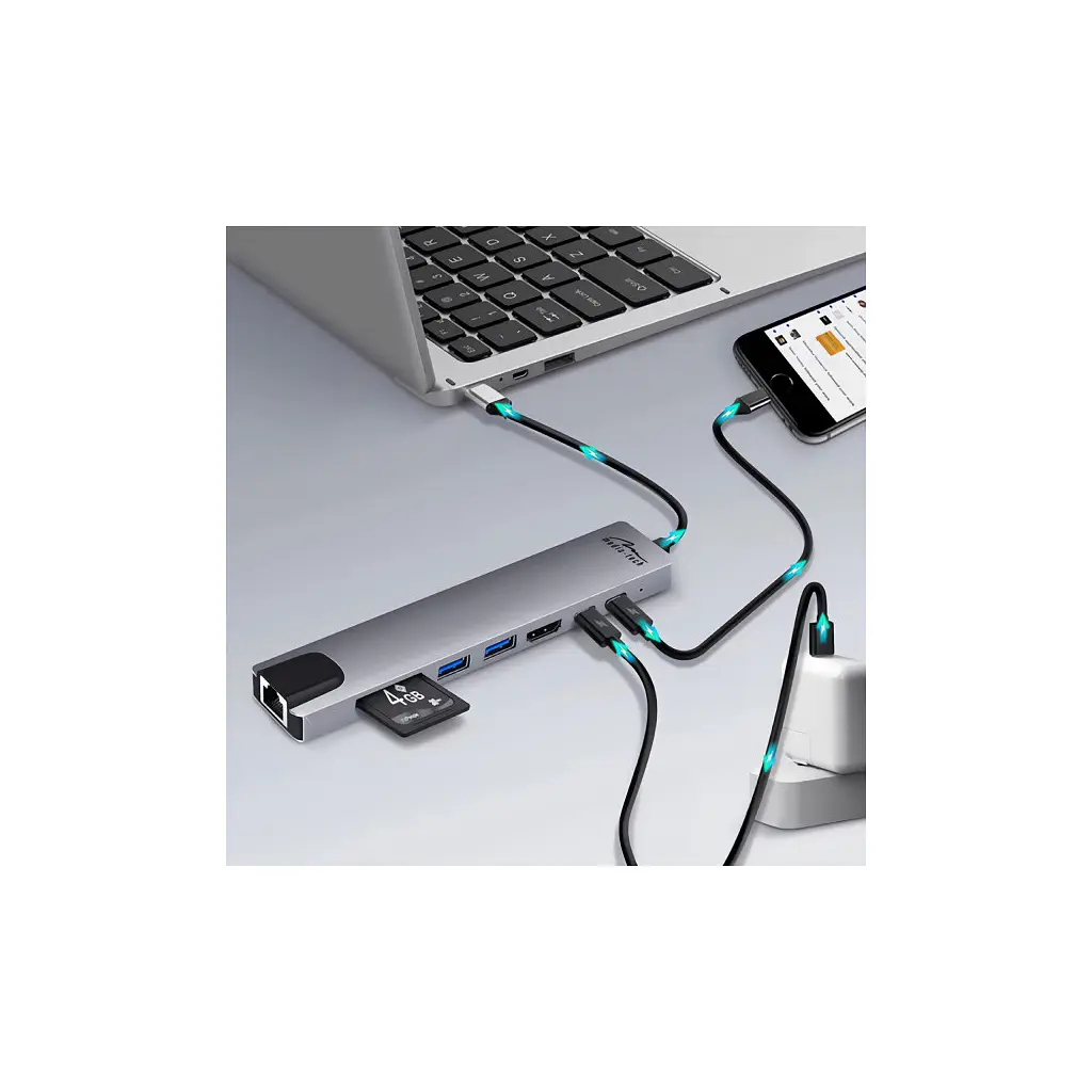 Концентратор Media-Tech USB-C 8-in-1 HDMI 4K/2xUSB-A/2xUSB-C/RJ45/SD/TF/PD 100W USB3.1 (MT5046) - фото 6
