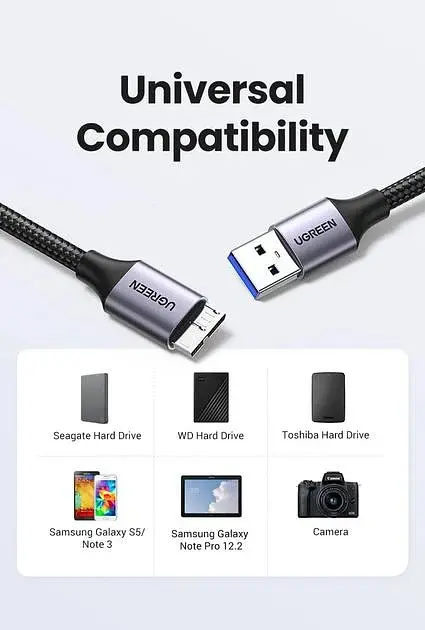 Кабель Ugreen 1м USB 3.0 - Micro USB Type-B 5 Гбіт/с 5V/3A USB 3.0 A на Micro-B для жорских дисків чорний (80793) - фото 10