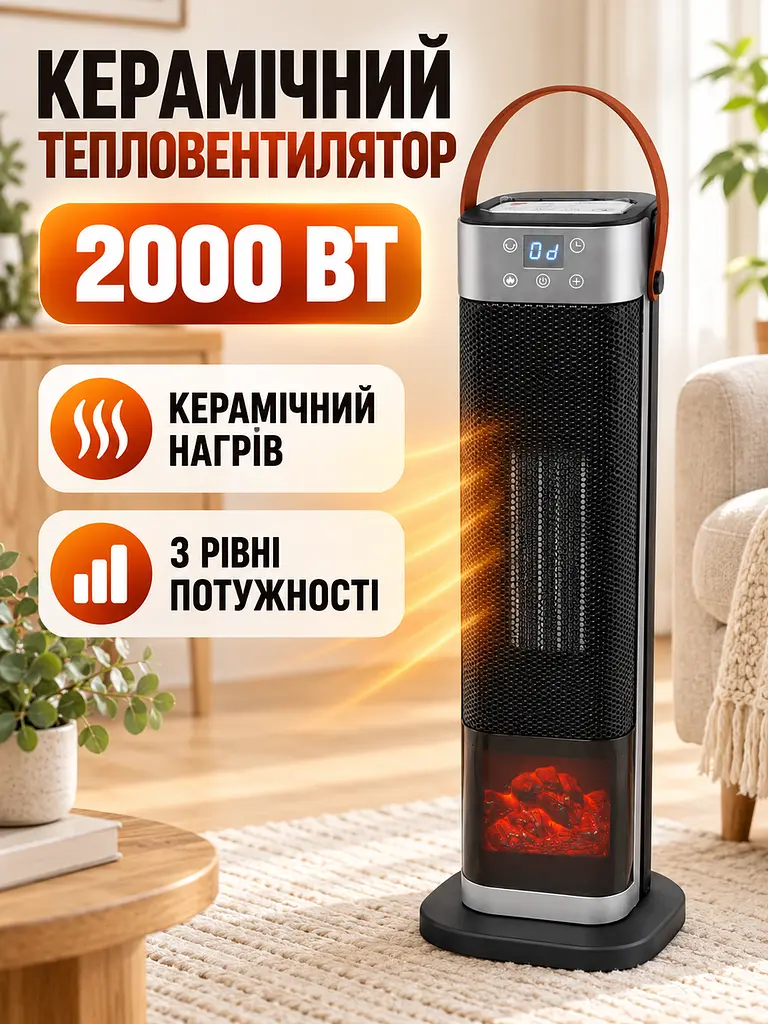 Керамічний тепловентилятор 2000 Вт 65×16×16 см з пультом, таймером та ефектом каміна, чорний (49676388) - фото 2