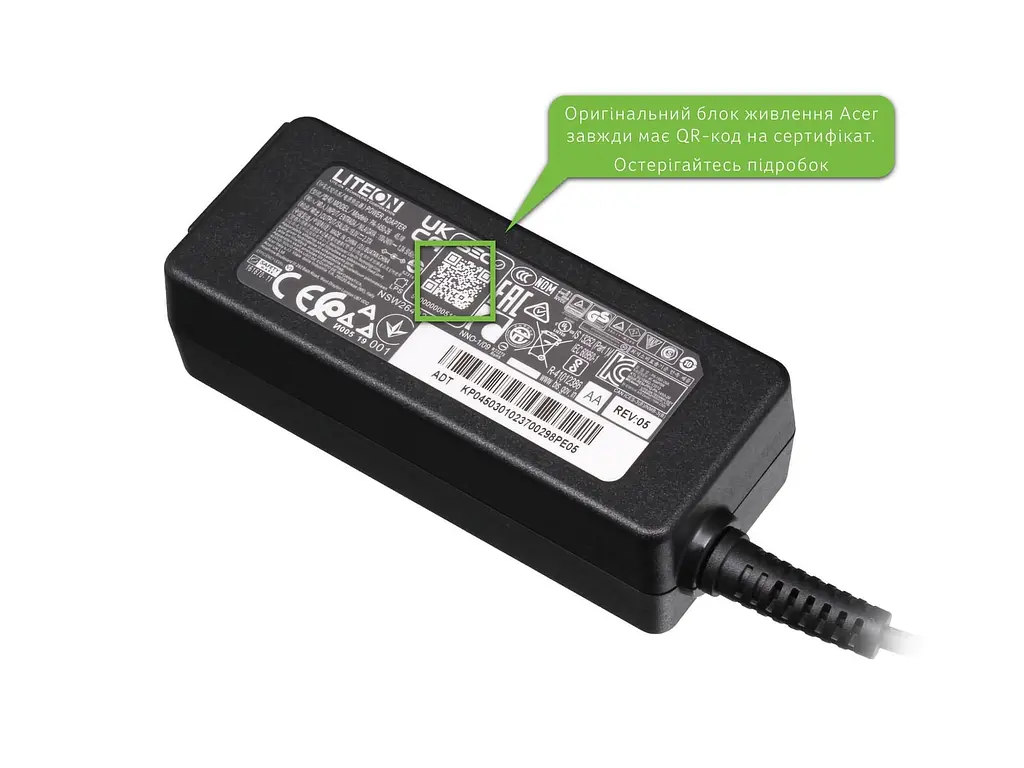 Блок живлення (зарядка) для ноутбука Acer LiteOn PA-1450-26 45W (19V 2.37А 5.5x1.7мм) KP.04503.010 від Acer, 45W, 19V, 2.37A, 5,5ммx1,7мм - фото 2