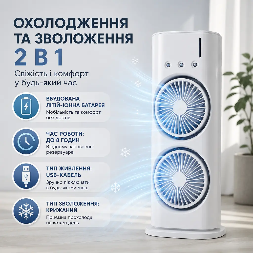 Вентилятор настільний подвійний Double-ended Spray Fan з охолодженням та LED підсвічуванням - фото 2
