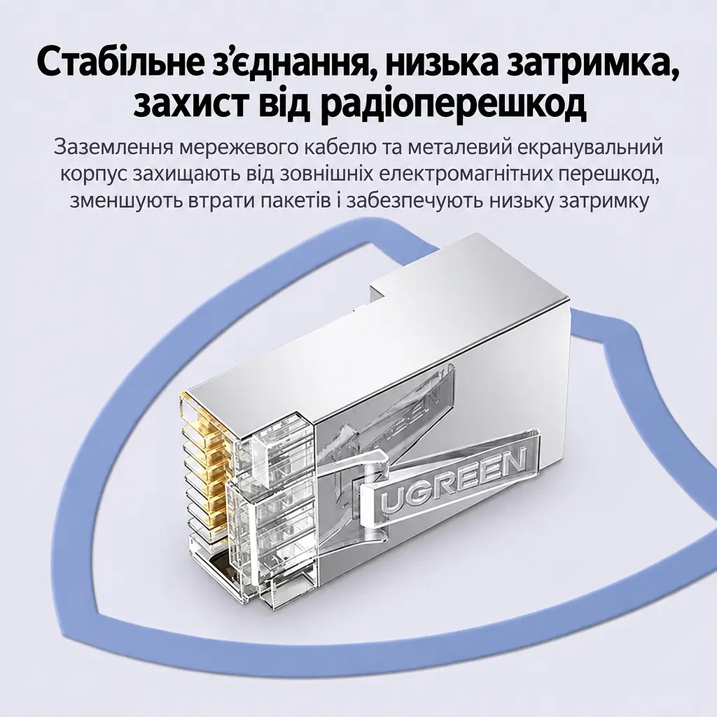 Екранований обтискний конектор для мережевого кабелю UGREEN NW111 100 шт. в упаковці модульний штекер RJ45 8P8C Cat6 для екранування потрібен кабель Cat6 STP для монтажу потрібні сумісні кліщі RJ45/8P8C для одножильних і багатожильних провідників контакти з позолотою 3U прозорий корпус зі сріблясто-сірим екраном і золотистими контактами (50248) - фото 2