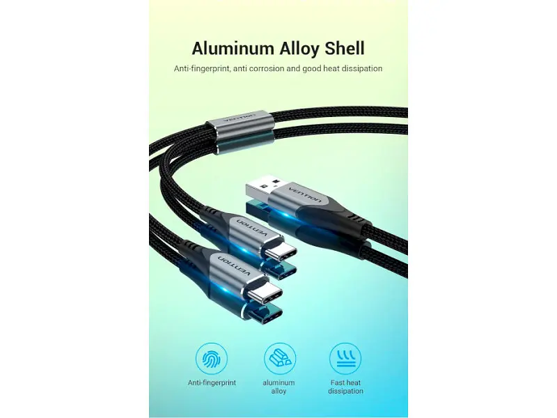 Кабель USB Type-C Vention 2-in-1 USB-A to Dual USB-C Y-Splitter Cable 1m Gray (CQOHF) - фото 11
