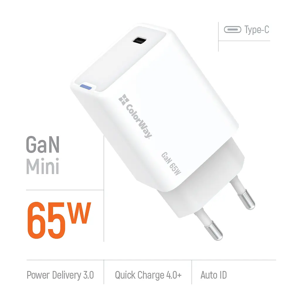 Зарядний пристрій ColorWay GaN Mini 65 Вт порт PD PPS USB-C білий (CW-CHS049PD-WT) - фото 8