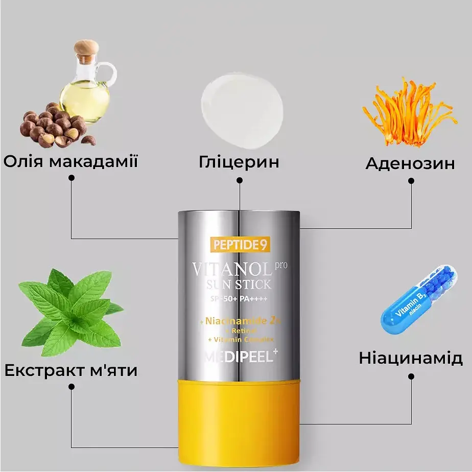 Антивіковий сонцезахисний стік для обличчя Medi Peel Red Peptide 9 Vitanol Sun Stick Pro SPF50+ PA++++ 23 г (MDP190) - фото 3