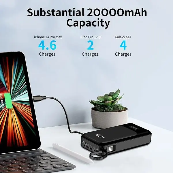 Портативний зарядний пристрій Ven-Dens 20000 мАг вбудований кабель x 4 USB C 6 виходів тип C 15W - фото 4
